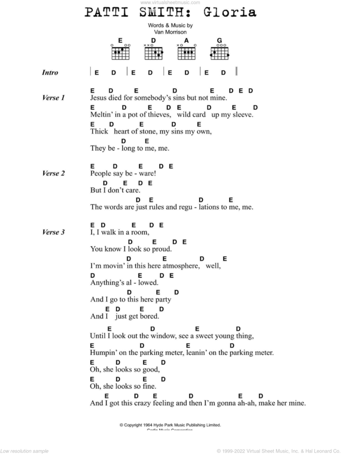Gloria sheet music for guitar (chords) by Patti Smith and Van Morrison, intermediate skill level