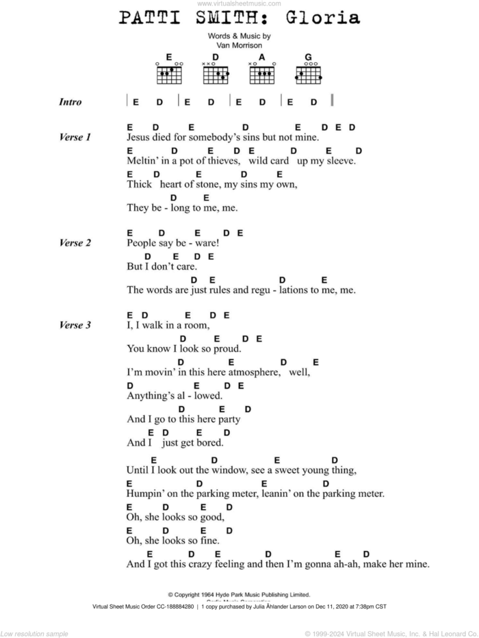 Gloria sheet music for guitar (chords) by Patti Smith and Van Morrison, intermediate skill level