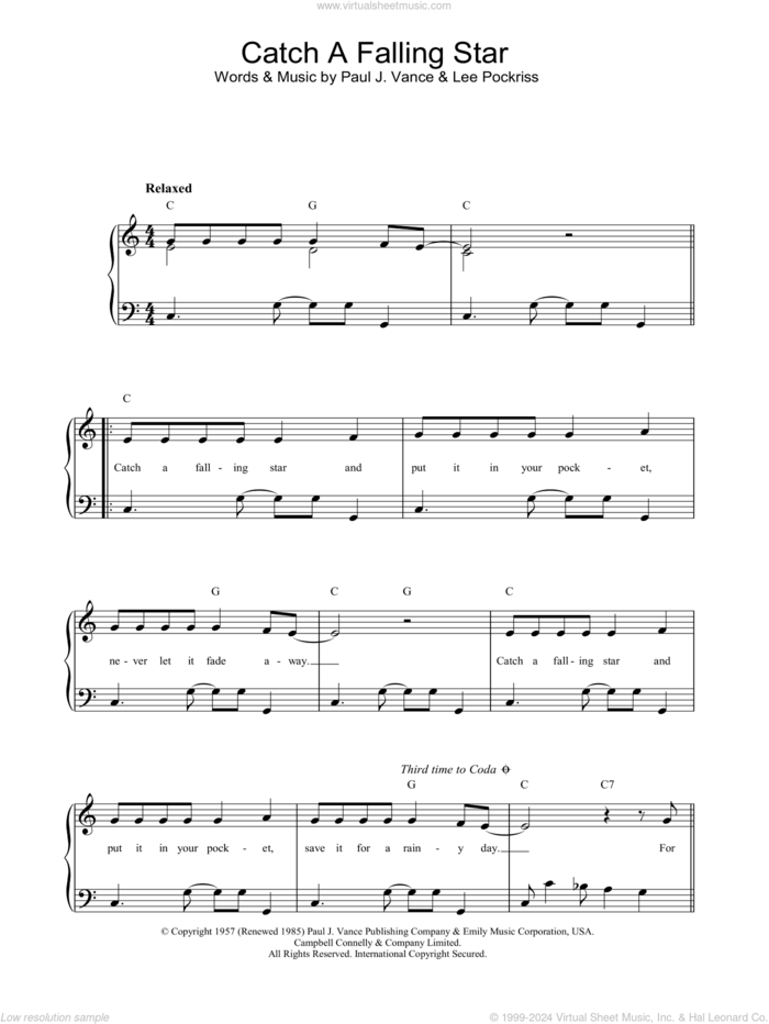 Catch A Falling Star sheet music for piano solo by Paul Vance and Lee Pockriss, easy skill level