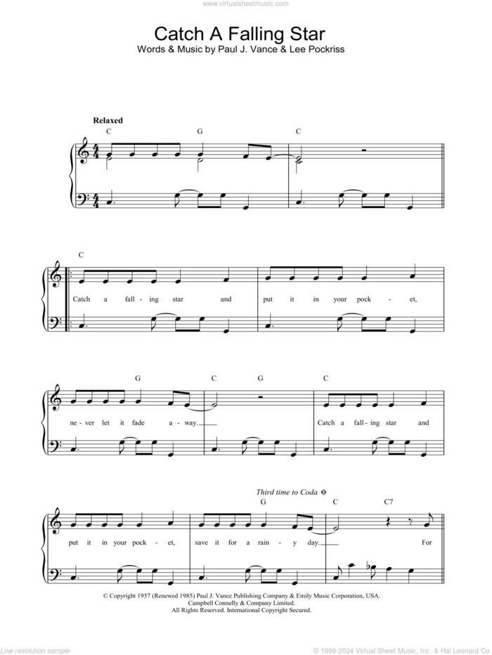 Catch A Falling Star sheet music for piano solo by Paul Vance and Lee Pockriss, easy skill level