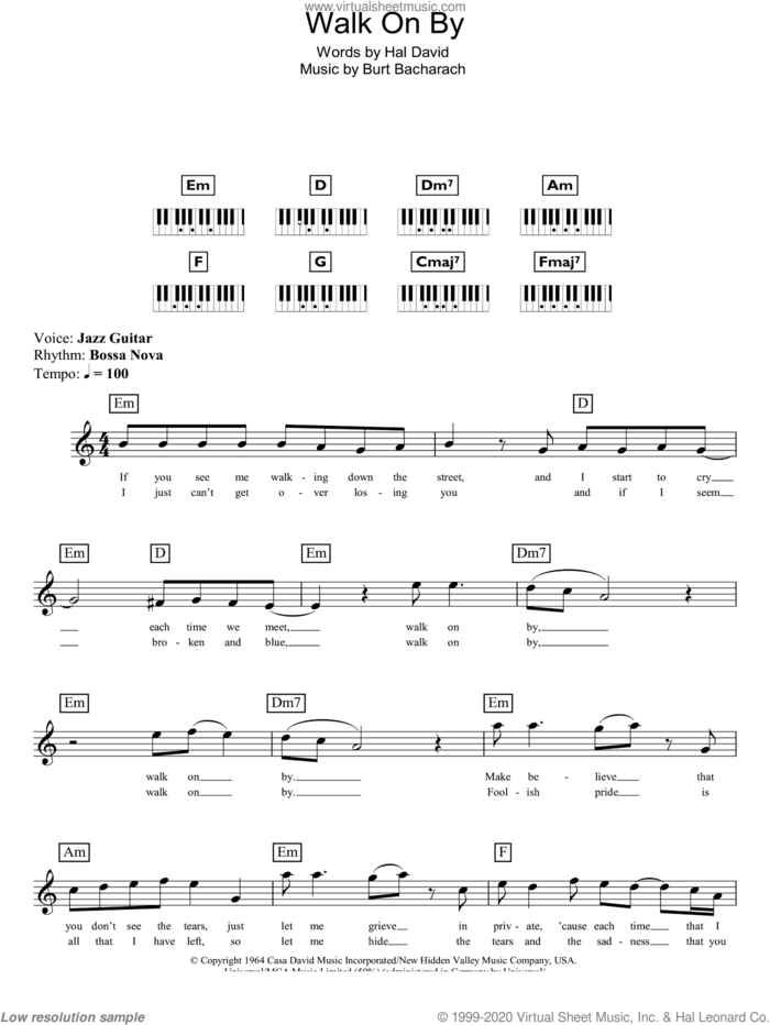 Walk On By, (intermediate) sheet music for piano solo (chords, lyrics, melody) by Dionne Warwick, Burt Bacharach and Hal David, intermediate piano (chords, lyrics, melody)