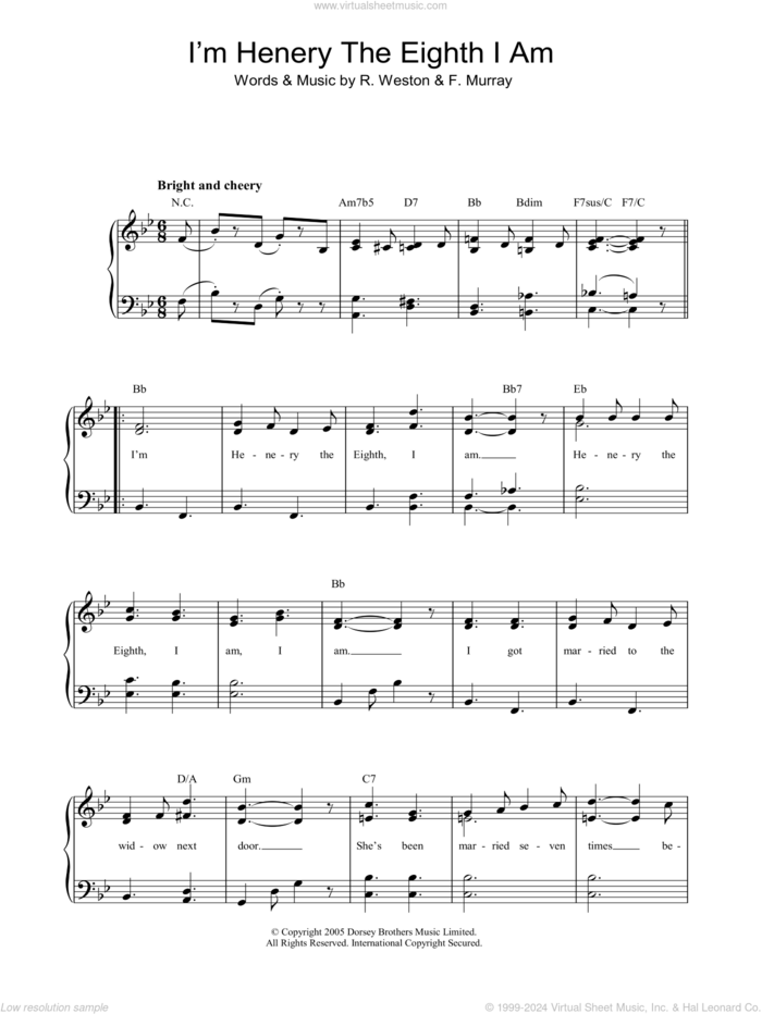 I'm Henery The Eighth I Am sheet music for piano solo by Herman's Hermits, Fred Murray and R.P. Weston, easy skill level