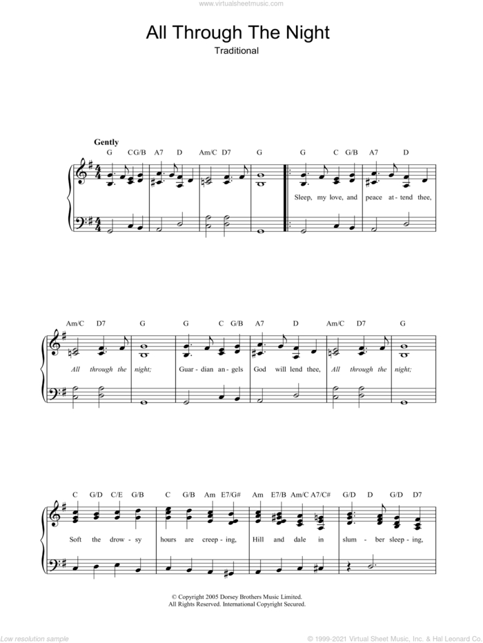 All Through The Night sheet music for piano solo  and Traditional Welsh Song, easy skill level