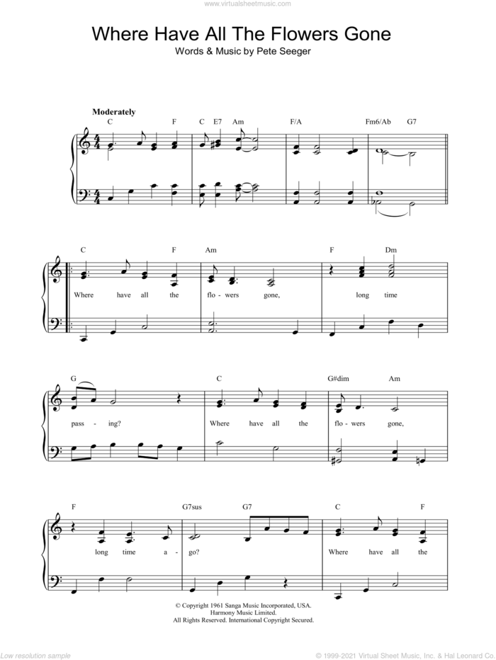 Where Have All The Flowers Gone sheet music for piano solo by Marlene Dietrich and Pete Seeger, easy skill level