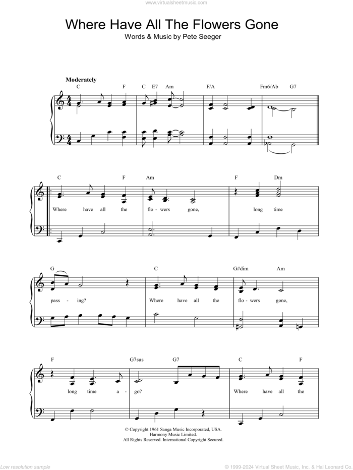 Where Have All The Flowers Gone sheet music for piano solo by Marlene Dietrich and Pete Seeger, easy skill level