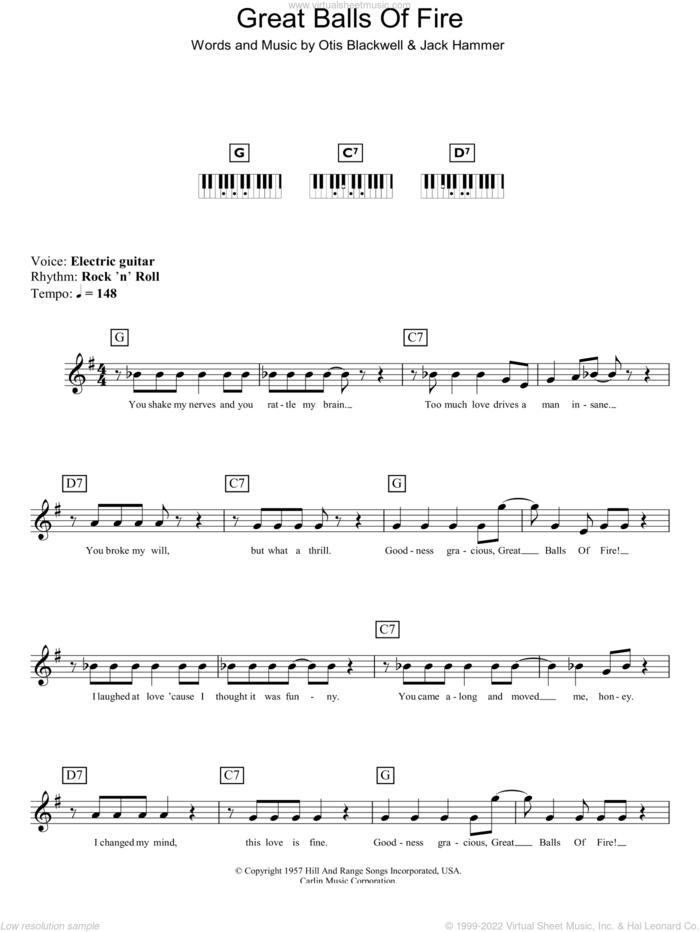Great Balls Of Fire sheet music for piano solo (chords, lyrics, melody) by Jerry Lee Lewis, Jack Hammer and Otis Blackwell, intermediate piano (chords, lyrics, melody)