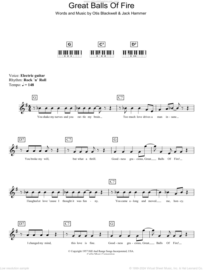 Great Balls Of Fire sheet music for piano solo (chords, lyrics, melody) by Jerry Lee Lewis, Jack Hammer and Otis Blackwell, intermediate piano (chords, lyrics, melody)