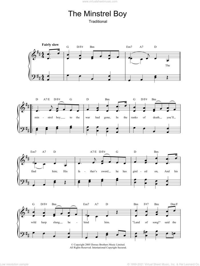 The Minstrel Boy sheet music for piano solo, easy skill level
