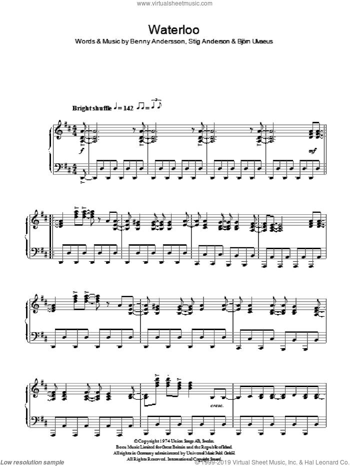 Waterloo, (intermediate) sheet music for piano solo by ABBA, Benny Andersson, Bjorn Ulvaeus, Miscellaneous and Stig Anderson, intermediate skill level