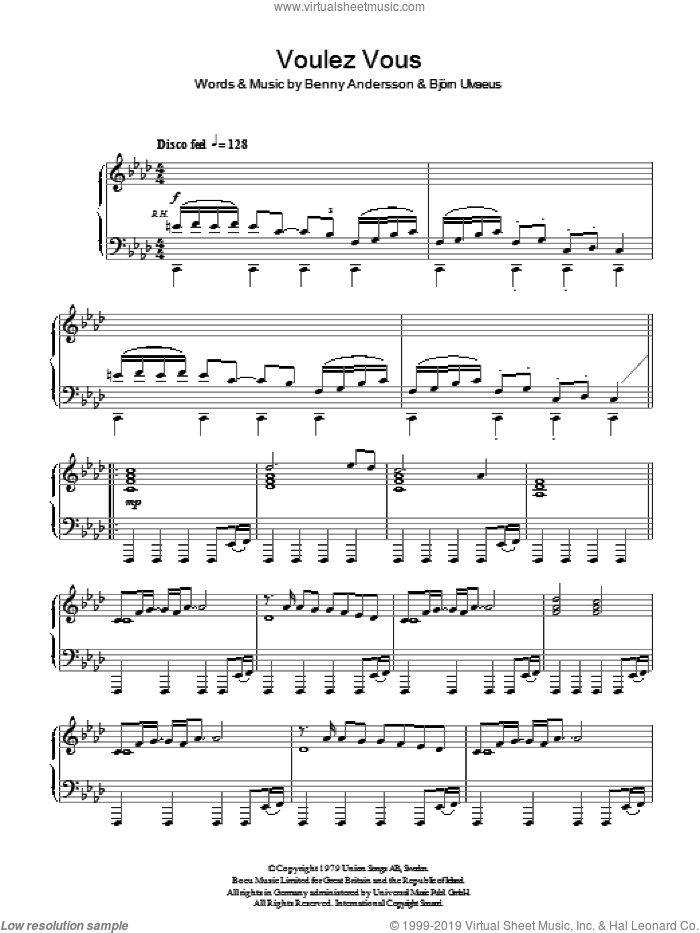 Voulez Vous, (intermediate) sheet music for piano solo by ABBA, Benny Andersson, Bjorn Ulvaeus and Miscellaneous, intermediate skill level