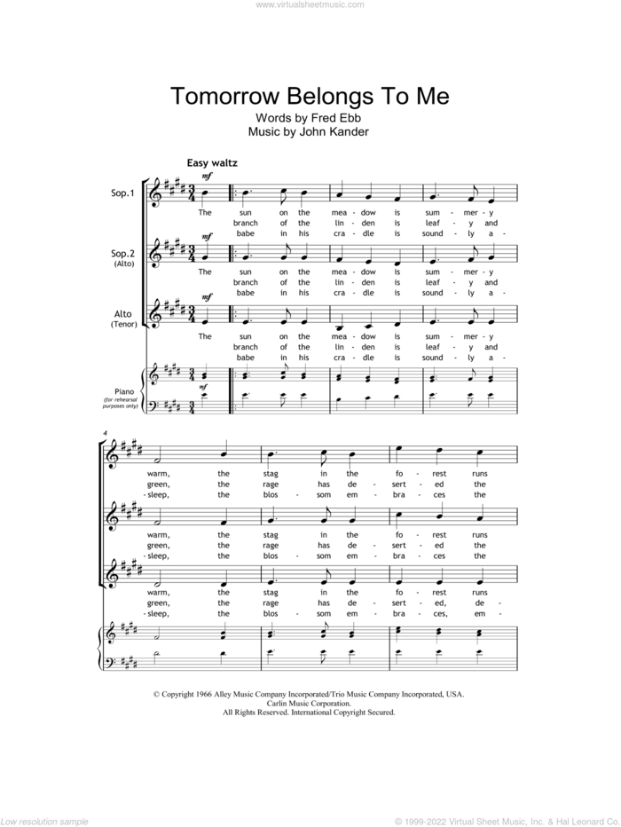 Tomorrow Belongs To Me (from Cabaret) sheet music for choir (SSA: soprano, alto) by Kander & Ebb, Fred Ebb and John Kander, intermediate skill level