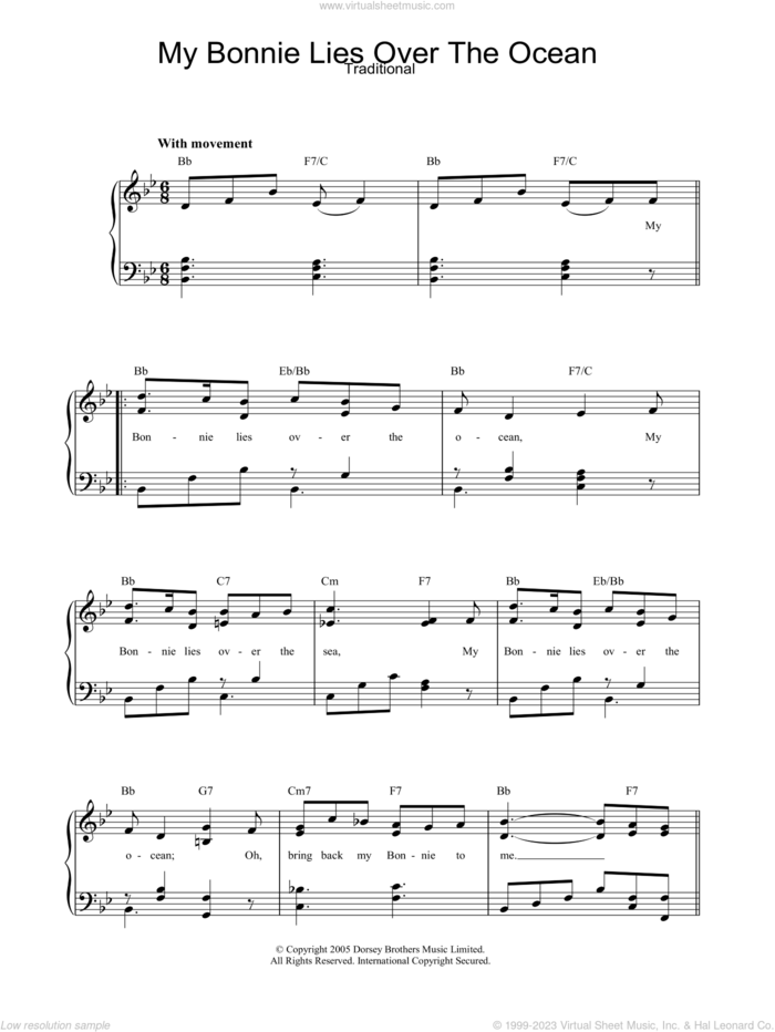 My Bonnie Lies Over The Ocean, (easy) sheet music for piano solo, easy skill level