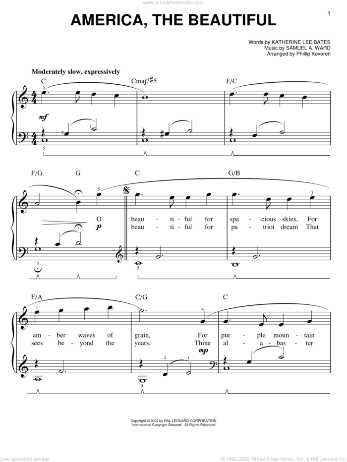 America, The Beautiful, (easy) sheet music for piano solo by Samuel Augustus Ward, Katharine Bates and Katherine Lee Bates, easy skill level