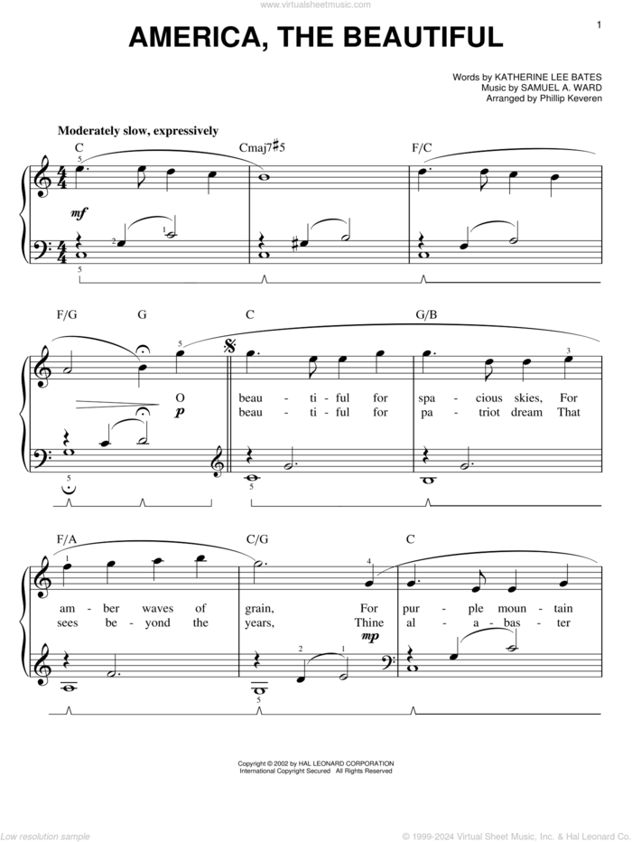 America, The Beautiful sheet music for piano solo by Samuel Augustus Ward, Katharine Bates and Katherine Lee Bates, easy skill level