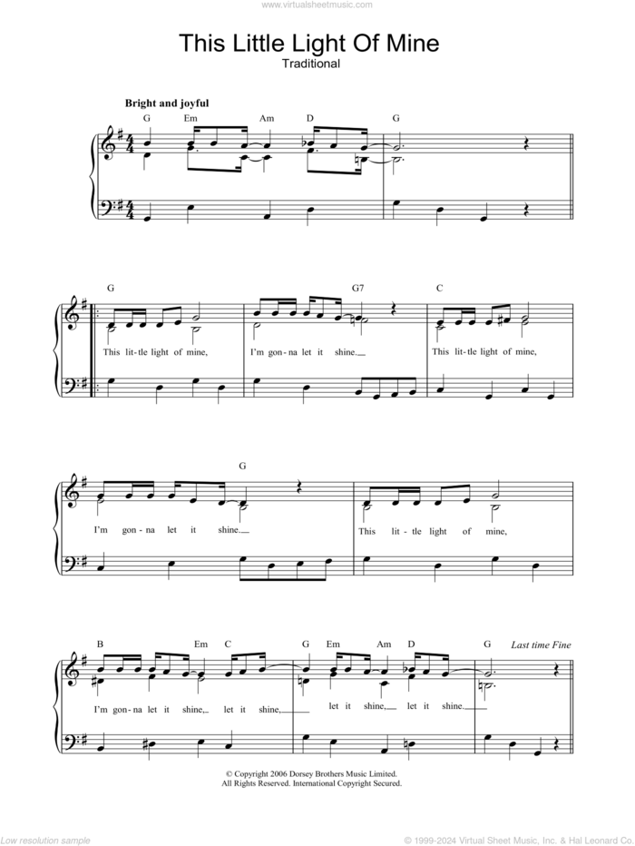 This Little Light Of Mine, (easy) sheet music for piano solo, easy skill level