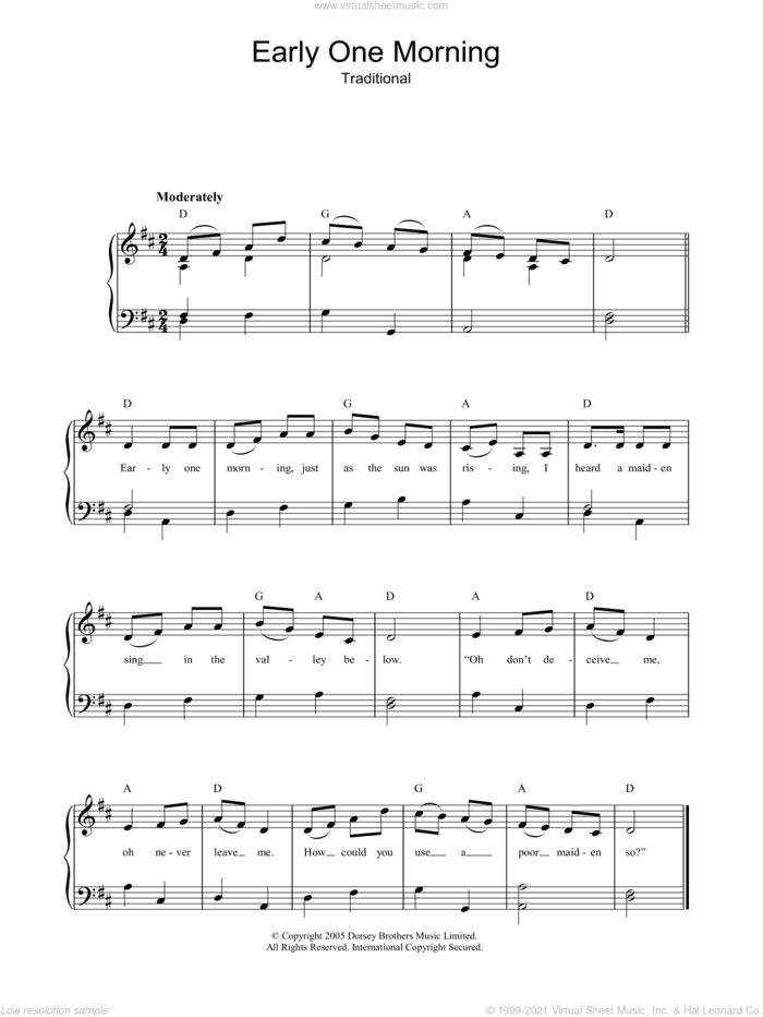 Early One Morning sheet music for piano solo, easy skill level