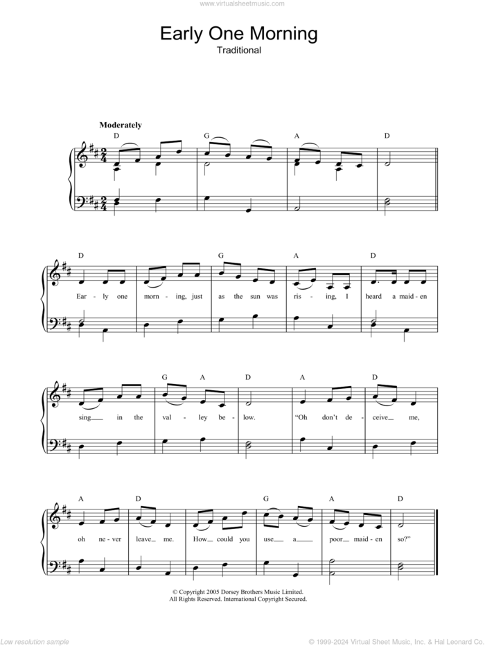 Early One Morning sheet music for piano solo, easy skill level