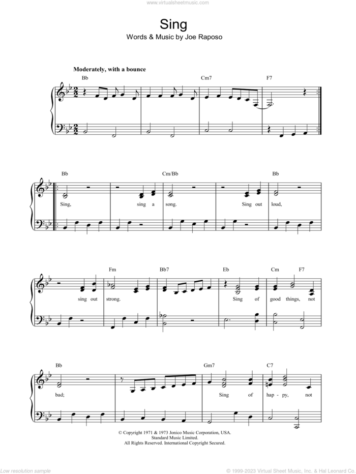 Sing sheet music for piano solo by Carpenters and Joe Raposo, easy skill level