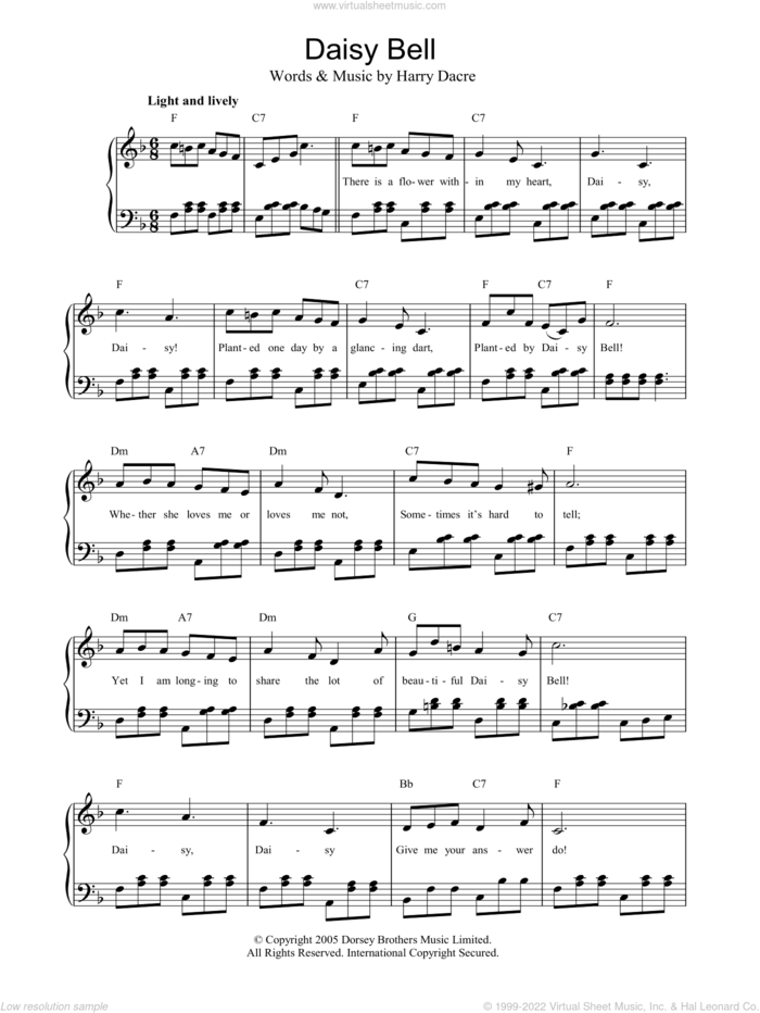 Daisy Bell sheet music for piano solo by Harry Dacre, easy skill level