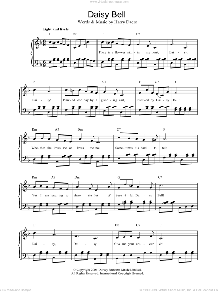 Daisy Bell sheet music for piano solo by Harry Dacre, easy skill level