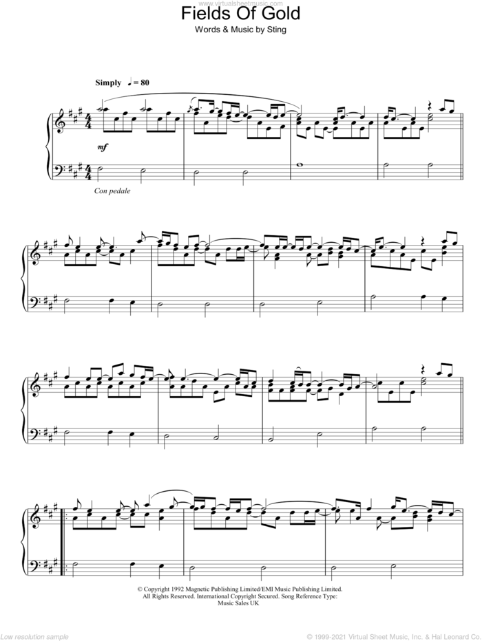 Fields Of Gold sheet music for piano solo by Eva Cassidy and Sting, intermediate skill level