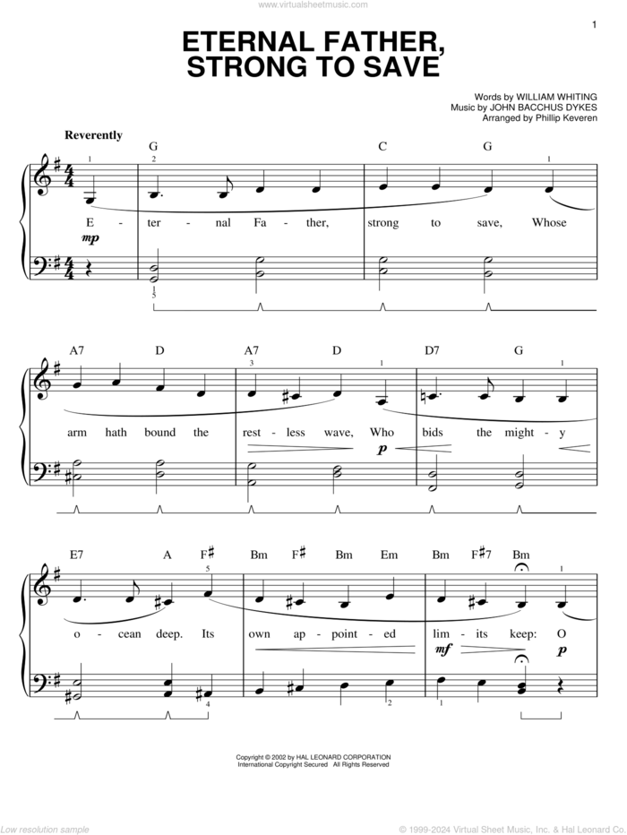 Eternal Father, Strong To Save sheet music for piano solo by William Whiting and John Bacchus Dykes, easy skill level