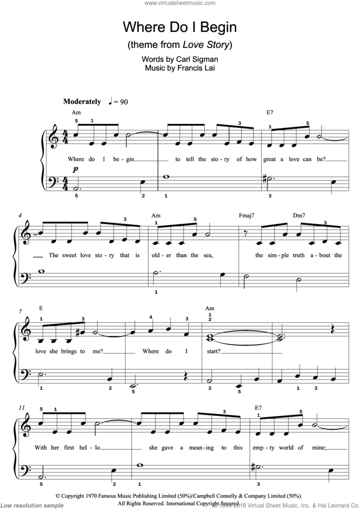 Where Do I Begin (theme from Love Story) sheet music for piano solo (beginners) by Andy Williams, Francis Lai and Carl Sigman, beginner piano (beginners)