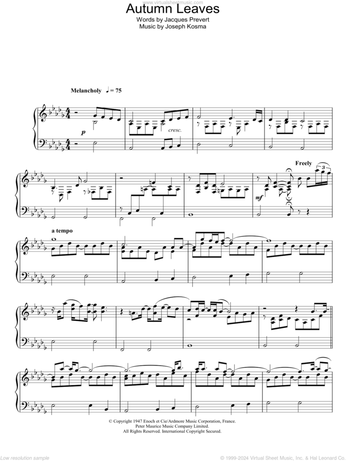 Autumn Leaves (Les Feuilles Mortes) sheet music for piano solo by Eva Cassidy, Joseph Kosma and Jacques Prevert, intermediate skill level