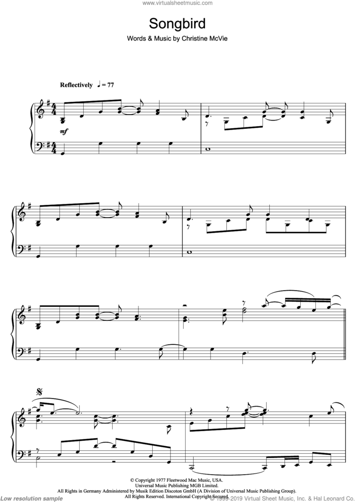 Songbird sheet music for piano solo by Eva Cassidy and Christine McVie, intermediate skill level
