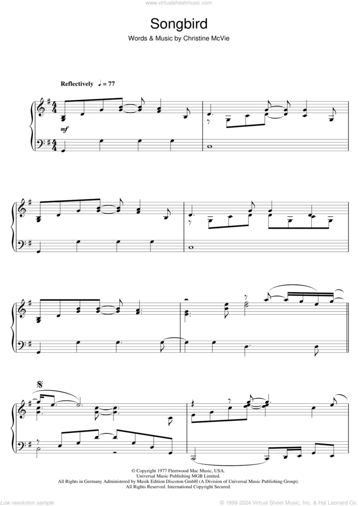 Songbird, (intermediate) sheet music for piano solo by Eva Cassidy and Christine McVie, intermediate skill level