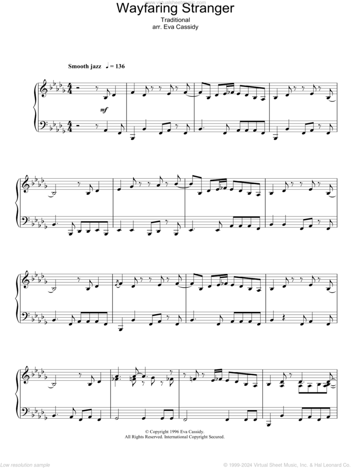 Wayfaring Stranger sheet music for piano solo by Eva Cassidy and Miscellaneous, intermediate skill level