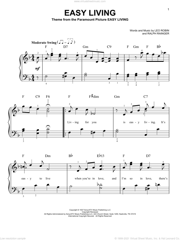 Easy Living, (easy) sheet music for piano solo by Billie Holiday, Leo Robin and Ralph Rainger, easy skill level