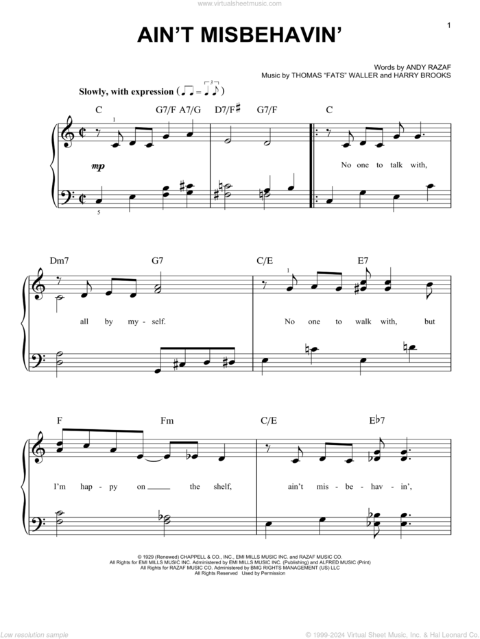 Ain't Misbehavin' sheet music for piano solo by Andy Razaf, Louis Armstrong, Thomas Waller, Thomas Waller and Harry Brooks, easy skill level