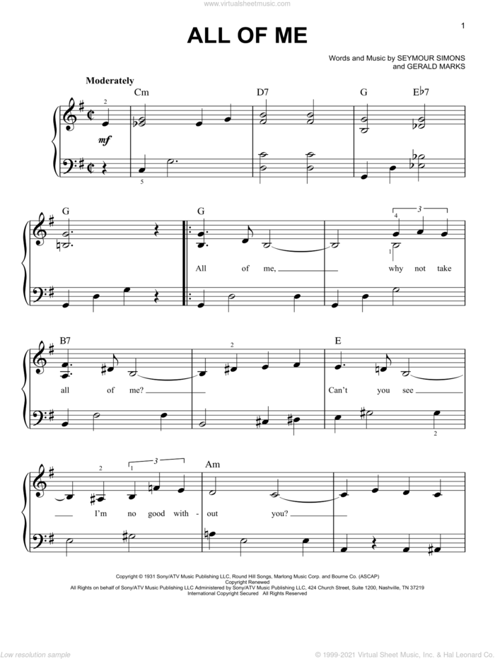All Of Me sheet music for piano solo by Louis Armstrong, Frank Sinatra, Willie Nelson, Gerald Marks and Seymour Simons, easy skill level