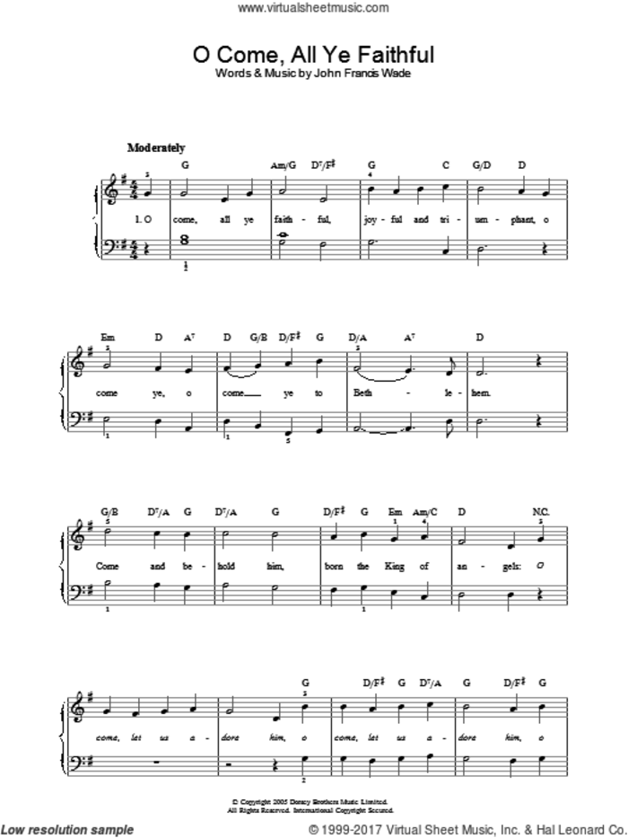 O Come, All Ye Faithful (Adeste Fideles), (easy) sheet music for piano solo by John Francis Wade and Frederick Oakeley, easy skill level
