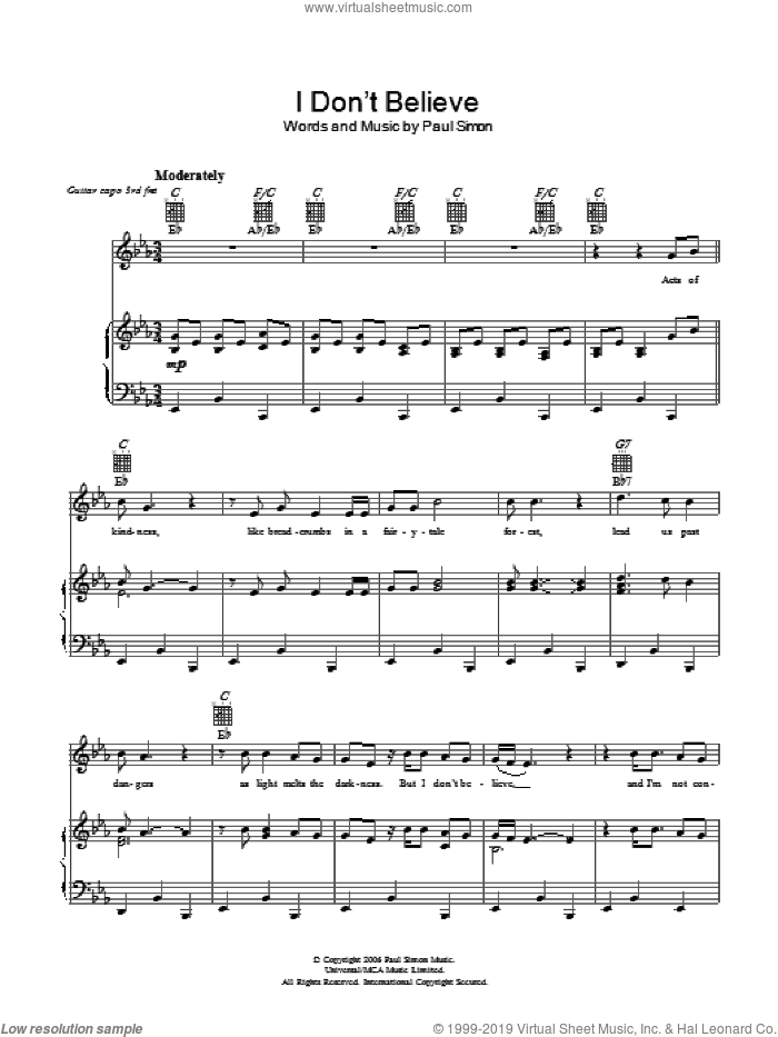 I Don't Believe sheet music for voice, piano or guitar by Paul Simon, intermediate skill level