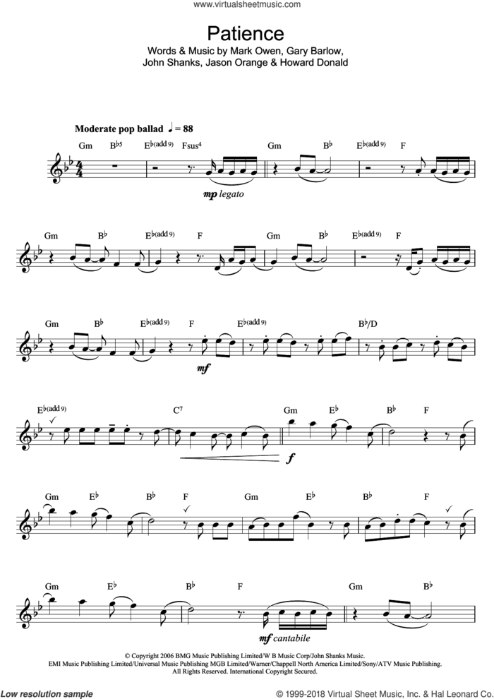 Patience sheet music for flute solo by Take That, Gary Barlow, Howard Donald, Jason Orange, John Shanks and Mark Owen, intermediate skill level