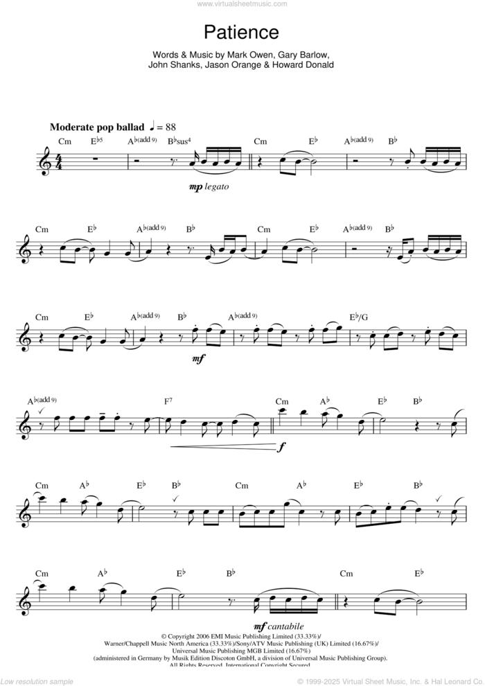 Patience sheet music for voice and other instruments (fake book) by Take That, Gary Barlow, Howard Donald, Jason Orange, John Shanks and Mark Owen, intermediate skill level