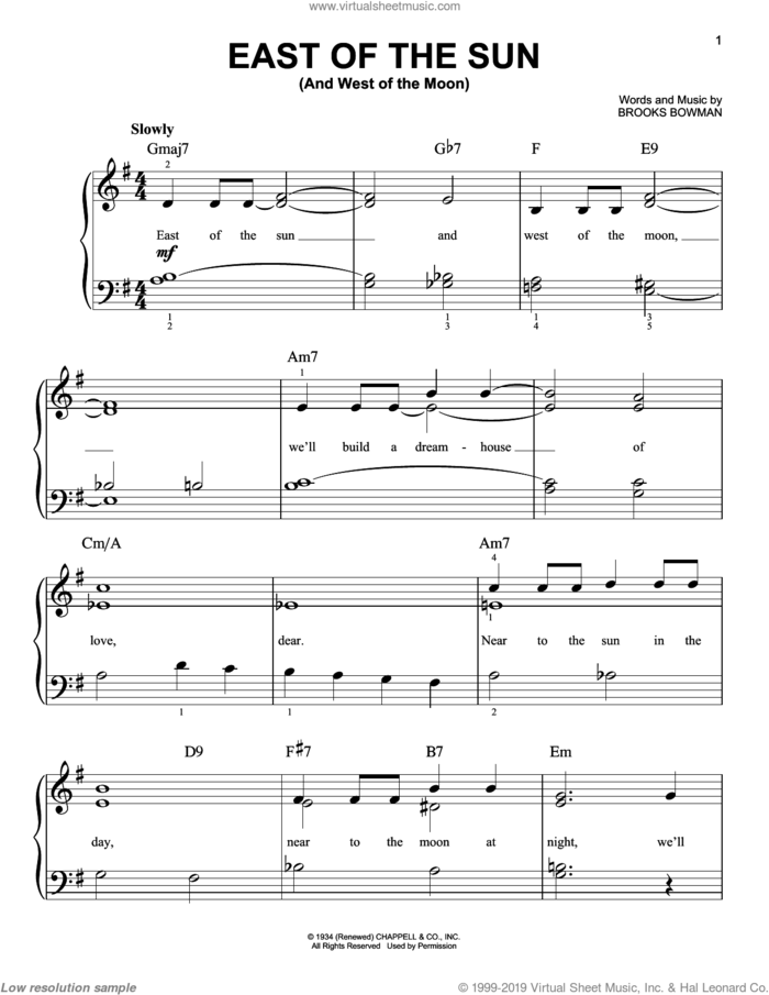 East Of The Sun (And West Of The Moon) sheet music for piano solo by Brooks Bowman, easy skill level