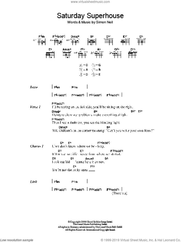 Saturday Superhouse sheet music for guitar (chords) by Biffy Clyro and Simon Neil, intermediate skill level