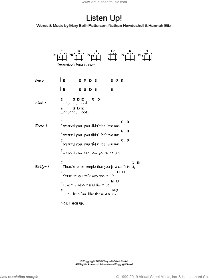 Listen Up! sheet music for guitar (chords) by Gossip, The Gossip, Hannah Billie, Mary Beth Patterson and Nathan Howdeshell, intermediate skill level