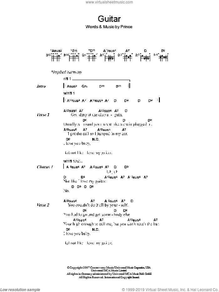 Guitar sheet music for guitar (chords) by Prince, intermediate skill level