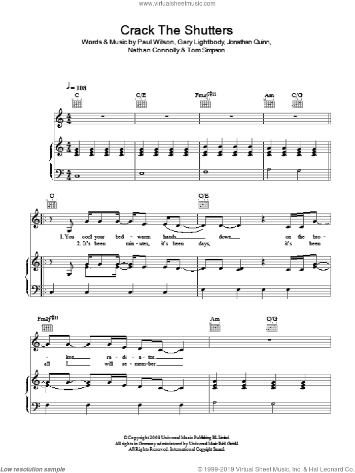 Crack The Shutters sheet music for voice, piano or guitar by Snow Patrol, Gary Lightbody, Jonathan Quinn, Nathan Connolly, Paul Wilson and Tom Simpson, intermediate skill level