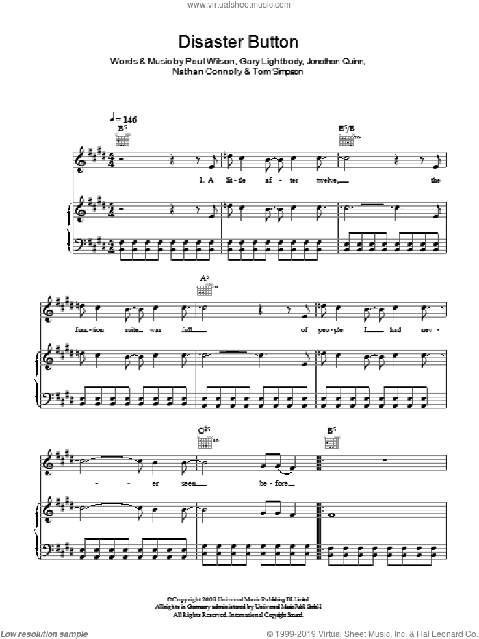 Disaster Button sheet music for voice, piano or guitar by Snow Patrol, Gary Lightbody, Jonathan Quinn, Nathan Connolly, Paul Wilson and Tom Simpson, intermediate skill level