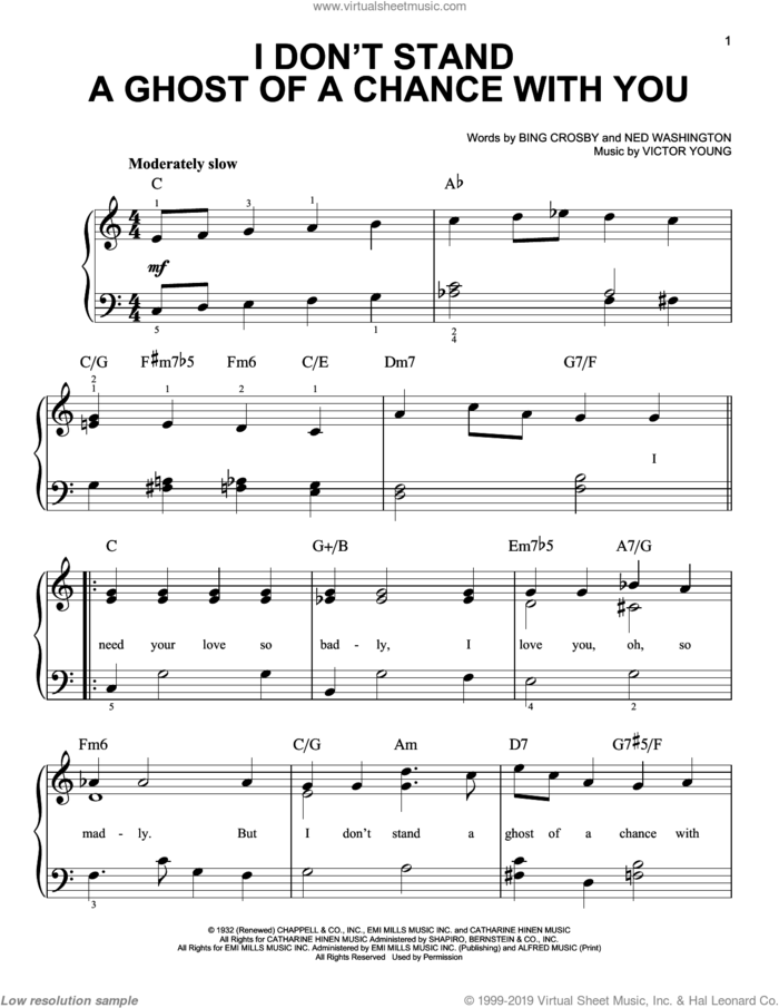 I Don't Stand A Ghost Of A Chance sheet music for piano solo by Bing Crosby, Billie Holiday, Frank Sinatra, Lester Young, Ned Washington and Victor Young, easy skill level