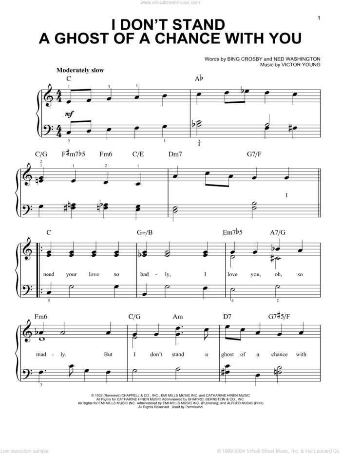 I Don't Stand A Ghost Of A Chance sheet music for piano solo by Bing Crosby, Billie Holiday, Frank Sinatra, Lester Young, Ned Washington and Victor Young, easy skill level