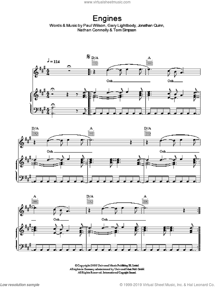 Engines sheet music for voice, piano or guitar by Snow Patrol, Gary Lightbody, Jonathan Quinn, Nathan Connolly, Paul Wilson and Tom Simpson, intermediate skill level
