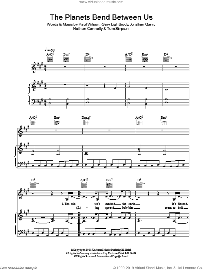 The Planets Bend Between Us sheet music for voice, piano or guitar by Snow Patrol, Gary Lightbody, Jonathan Quinn, Nathan Connolly, Paul Wilson and Tom Simpson, intermediate skill level