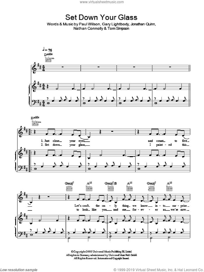 Set Down Your Glass sheet music for voice, piano or guitar by Snow Patrol, Gary Lightbody, Jonathan Quinn, Nathan Connolly, Paul Wilson and Tom Simpson, intermediate skill level