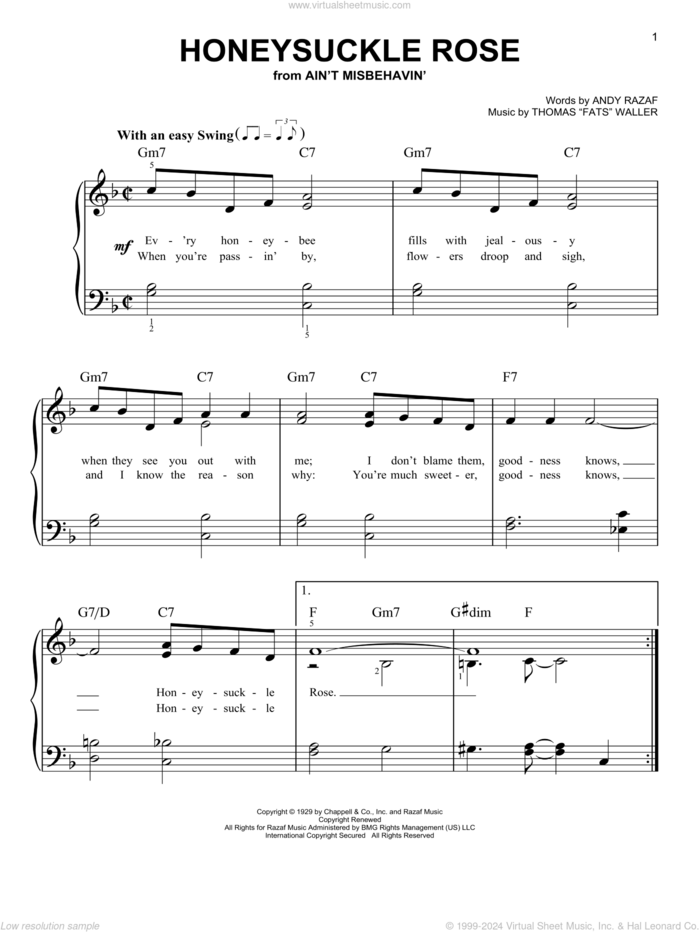 Honeysuckle Rose sheet music for piano solo by Louis Armstrong, Benny Goodman, Django Reinhardt, Duke Ellington, Nat King Cole, Sarah Vaughan, Teddy Wilson, Willie Nelson, Andy Razaf and Thomas Waller, easy skill level